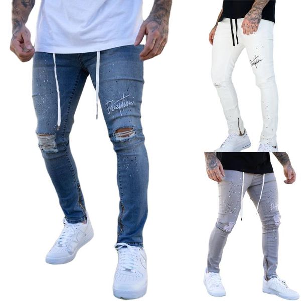

men's jeans 3 styles trendy men skinny biker destroyed frayed fit denim ripped pants side stripe pencil hip hop streetwear, Blue