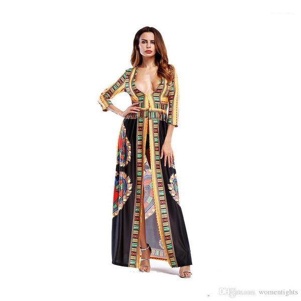 

long dresses deep v-neck digital printed long dresses african totem ethnic dress summer women bohemian, Black