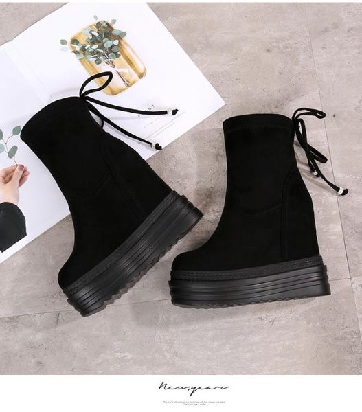 

boots winter wedges increase within thick-sole short 13 cm super high heel women's fashion middle tube, Black
