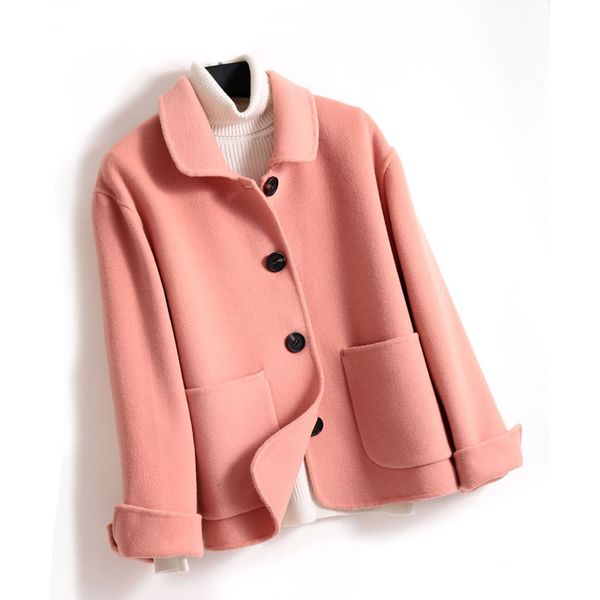 

2020 осень зима новый двусторонний кашемир пальто короткие женщины куртка куклы воротник твердая теплый 100% шерсть пальто сыпучие женские т, Black