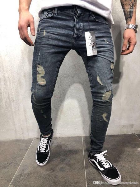 

clothing trousers pencil jean pants zipper designer 2018 high street slim fit ripped jeans for mens, Blue