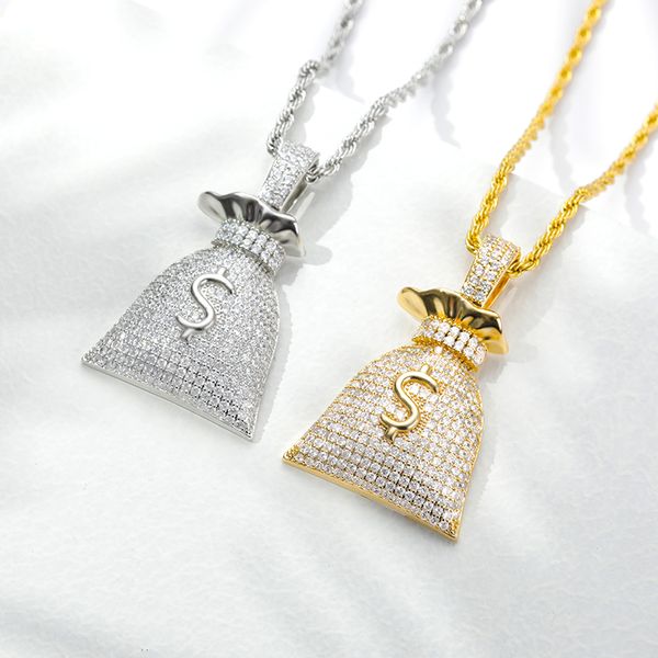 

2020 trend us dollar money bag men choker necklace pendant with tennis charm gold chain hip hop necklaces jewelry for boy gift, Silver