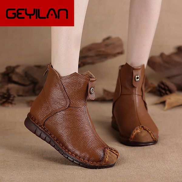 

women genuine leather ankle boots flats pleated ladies zip plush warm winter shoes female fashion sewing retro short boot 899, Black