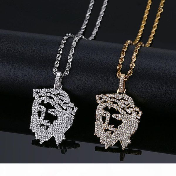 

18k gold plated cz zirconia full diamond hollowed christian jesus portrait pendant necklace twist chain hip hop jewelry for men and women, Silver