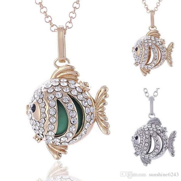 

crystal cute little fish piano sound beads pregnant women necklace 2 colors brass metal long sweater chain, Silver