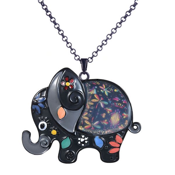 

women necklace cartoon elephant pendant necklaces for women girls cute yellow enamel animal long black chain pendants necklace, Silver