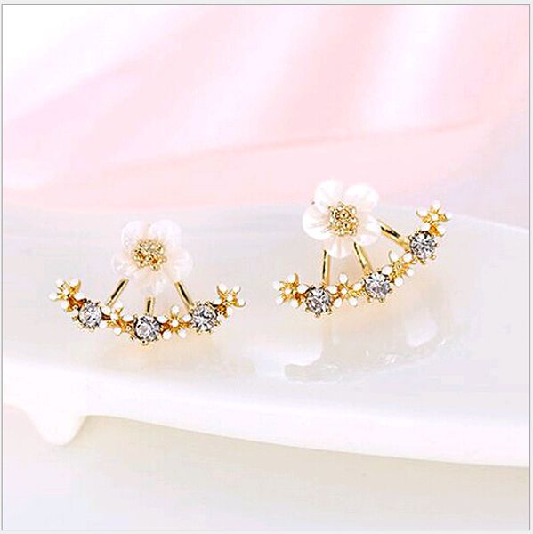 

2020anti allergic pure silver jewelry s 925 sterling silver daisy flower front and back two sided stud earrings ear nail korean, Golden;silver