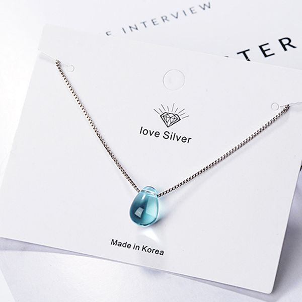 

simple blue crystal water drop pendant necklace clavicle chain diy charm necklace for women fashion jewelry, Silver