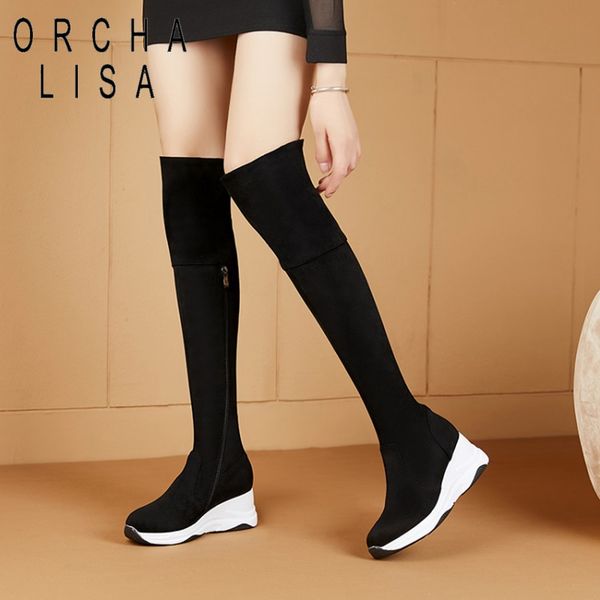 

orcha lisa warm over-knee boots for women stretchy height increasing platform zipper flock big size 40 black