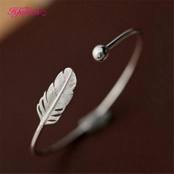 

hfarich simple plant bracelet femme boho fashion sliver open leaf bangles for women jewelry birthday gift wholesal, Black