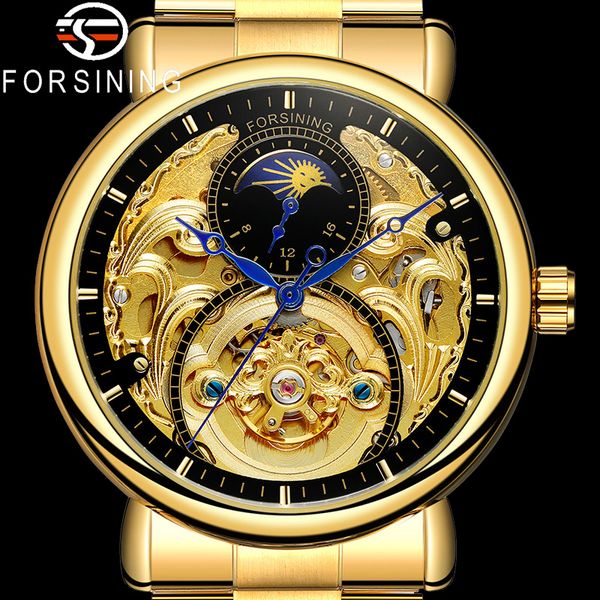 

forsining automatic mechanical men wristwatch sport male clock gold steel skeleton new man watch 8177, Slivery;brown