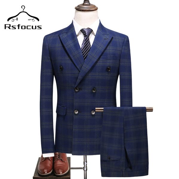 

rsfocus mens double breasted suits 2020 autumn 5xl plaid groom wedding suit 3 piece gray blue striped suit business wear tz015, White;black