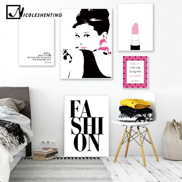 

audrey hepburn makeup fashion art canvas painting pink beauty fashion prints posters quote wall picture girls bedroom decoration