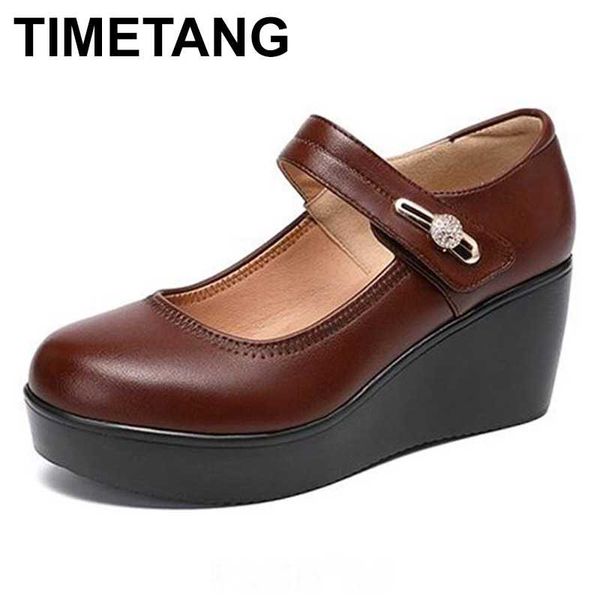 

timetang2020 spring leather shoes women platform wedge shoe high heels round toe comfortable black women pumps big size 33-43