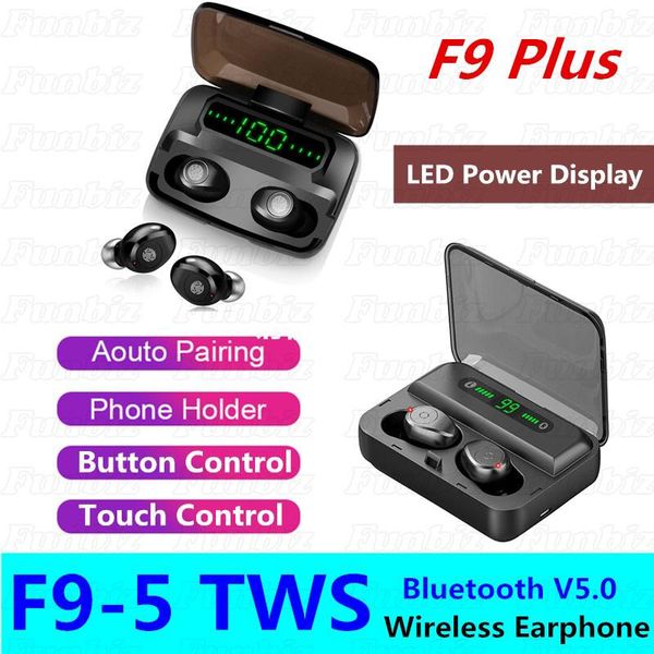 F9-5 TWS Düğme / Dokunmatik Stil Bluetooth Kulaklık Kulakiçi Stereo Spor Kulaklıklar Ile Şarj Kutusu LED Ekran Android Için Evrensel