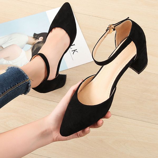 

women sandals 2020 thick heel pointed single shoes high-heeled shoes female temperament one- character sandal summer, Black