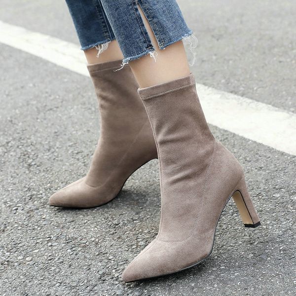 

бежевый группа дизайн остроконечные toe носки сапоги для женщин комфорт блок высокого каблука stretch ботильоны женские партии голеностопног, Black