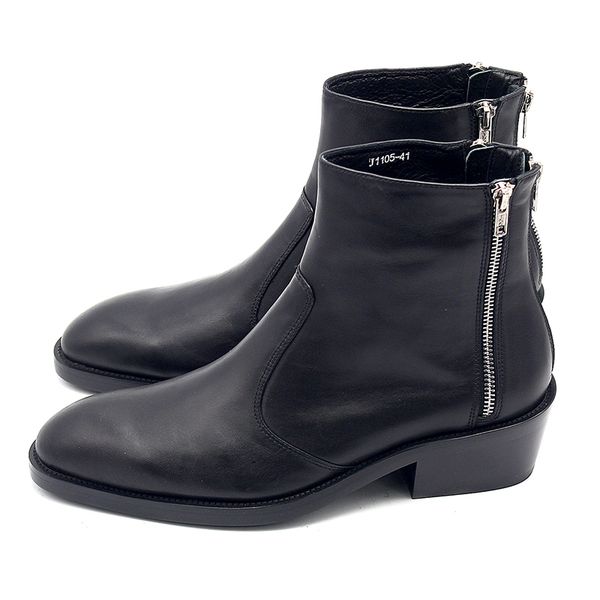

european mens shoes genuine leather autumn winter high heeled boots men three zipper increase pointed booties man handmade 34-45, Black