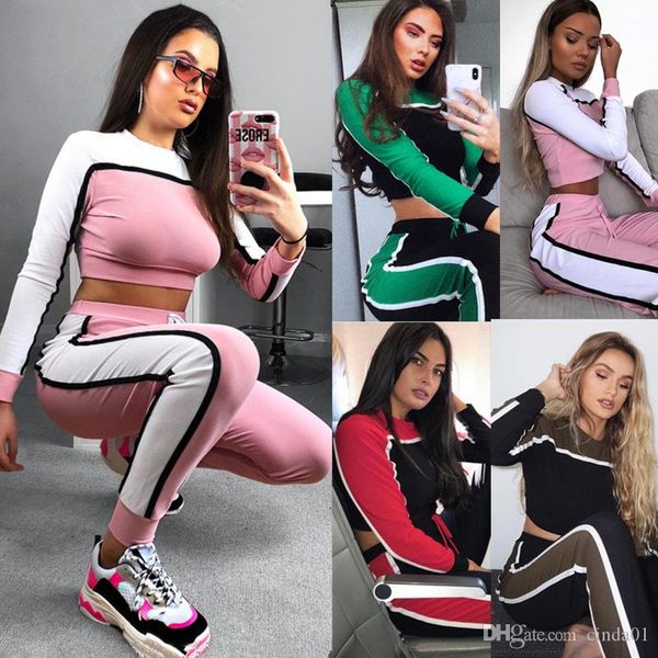 

womens panelled slim fit athletic tracksuit crop long sleeve and pants female yoga tracksuits