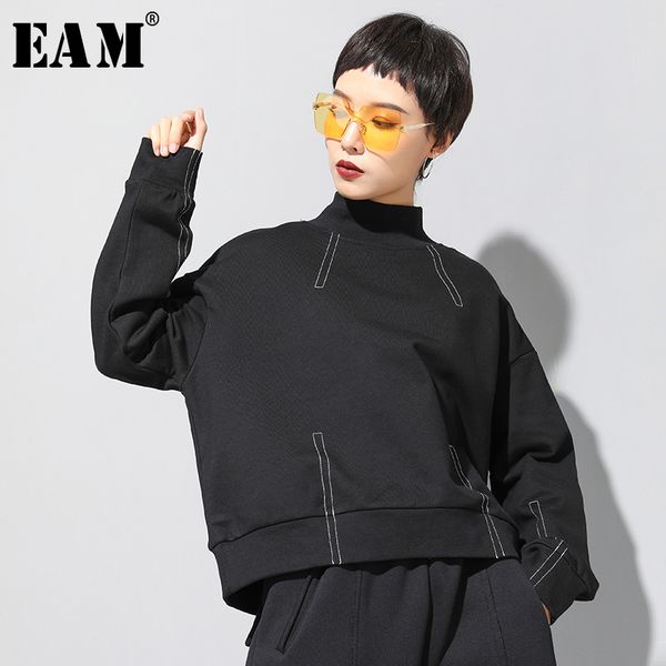 

eam] loose fit black line split joint sweatshirt new stand collar long sleeve women big size fashion tide spring 2020 1u153