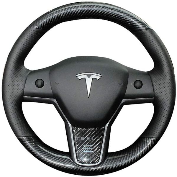

black perforated leather & carbon fiber auto steering wheel cover hand-stitch on wrap fit for tesla model 3