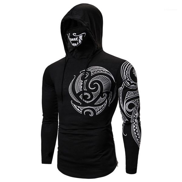 

suit print mens designer hoodies fashion slim half mask zipper panelled mens hoodies casual mens ninja, Black