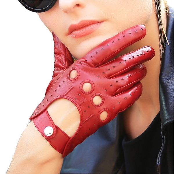 

genuine leather women gloves fashion elegant lady sheepskin glove breathable wrist buckle driving leather gloves unlined el041n, Blue;gray
