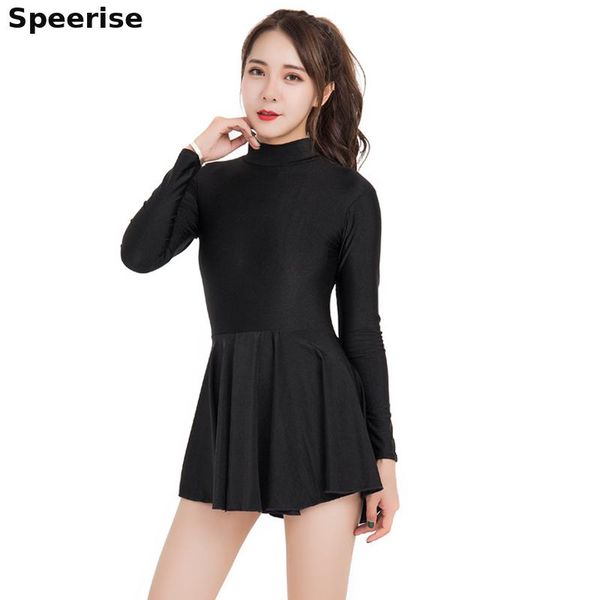

womens long sleeve skirted ballet skirt professional spandex leotards dance gymnastic dress unitard bodysuit bodycon zip back, Black;red