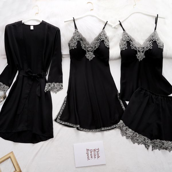 

ladies pyjamas suit womens lace satin pajamas gown set v-neck cami nighties wear pijama home nightwear 2020, Black;red