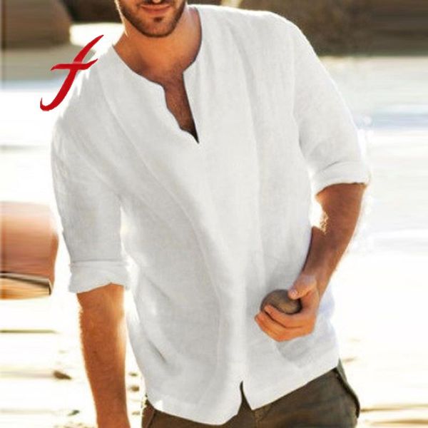 

feitong summer men's blouse baggy cotton blend solid three quarter v neck shirts blouses streetwear casual slim fit shirt, White;black