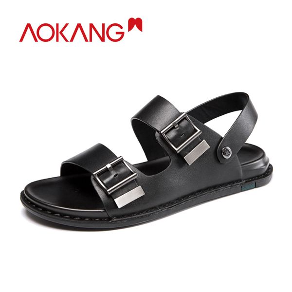 

aokang summer sandals men genuine leather men shoes slppers comfortable breathable sandals shoes man, Black