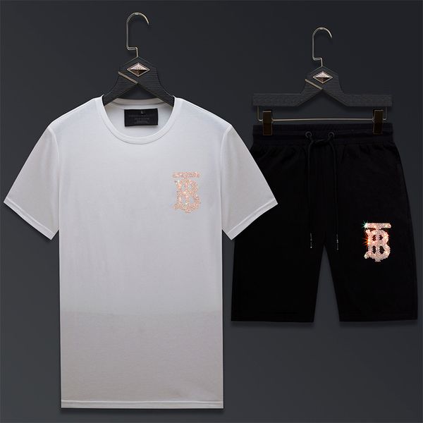 

2020 men's suit with handsome diamond mercerized cotton t-shirt men's fashion brand men's short sleeve 2020 new suit, White;black