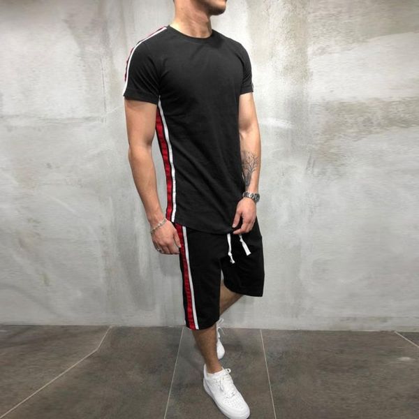 

gym clothing tracksuit sweatshirt suit men summer two piece set short sleeve t-shirt shorts men's sportswear sets #c, White;black
