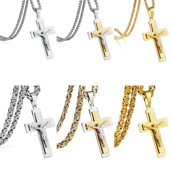 

pendant necklaces strong stainless steel jesus christ cross necklace byzantine 3/6mm link chain gold silver color men boys gift
