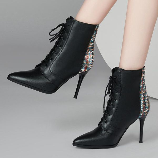 

boots bonjomarisa female elegant fashion lace up patchwork high heels ankle pointed toe brand women shoes woman, Black