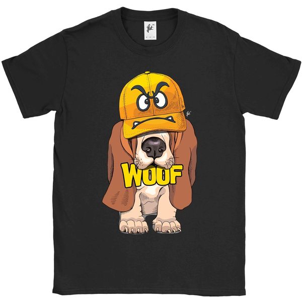 

2019 men fashion bassett hound puppy wearing angry face cap woof mens t-shirt tee shirt