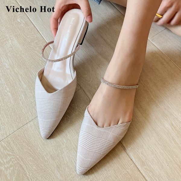 

vichelo 2020 new arrival pointed toe low heel slip on mules rhinestone beauty lady mature fashion modern sandals women l06, Black