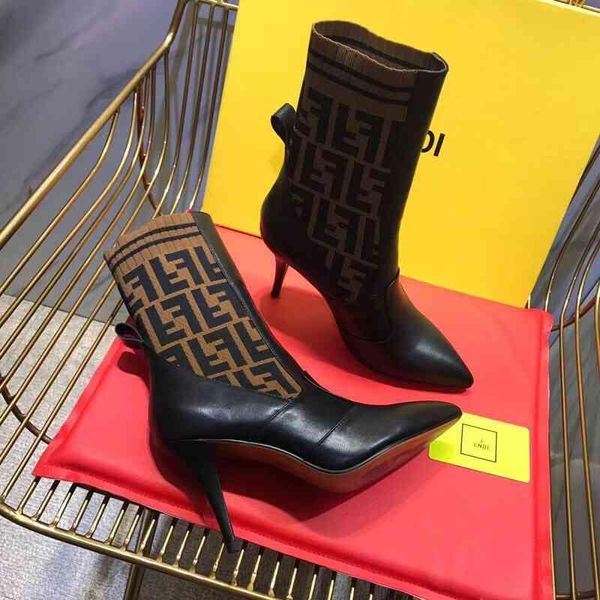 

luxury fashion women knitting sock boots pointed high heel of 9.5cm shoes womens ankle boots ladies winter boots with box, Black