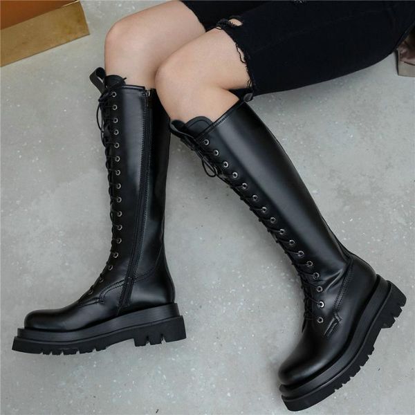 

women genuine leather wedges high heel knee high boots female lace up strappy round toe fashion sneakers thigh pumps shoes, Black
