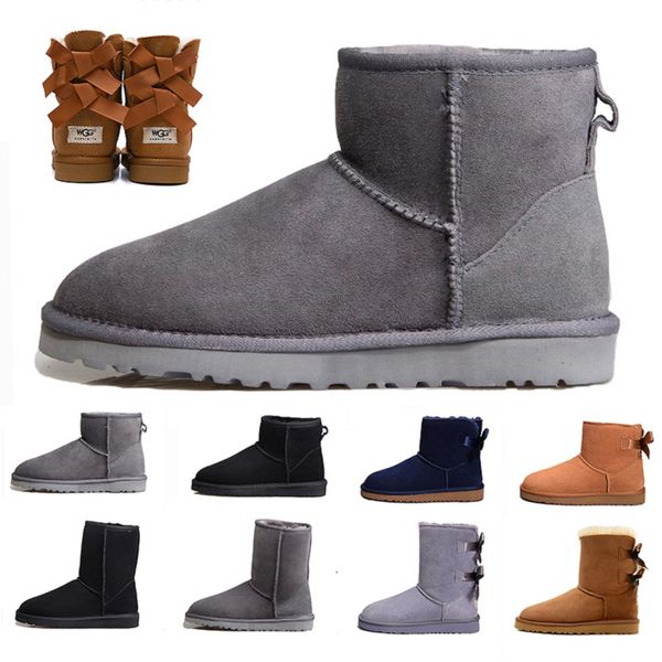 

gery pink flock wgg cotton women ankle boots classic chestnut bailey bowknot leather winter snow ankle womens half knee australian boots, Black