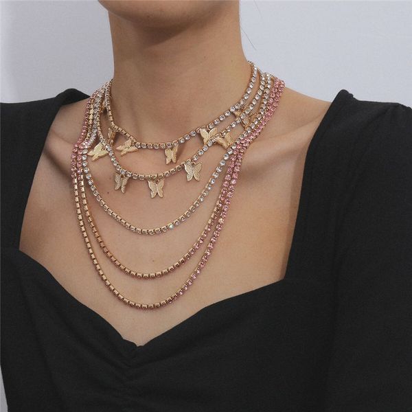 

trendy new color multi-layer claw chain rhinestone necklace for women's personality with tiny butterfly pendant necklace, Silver