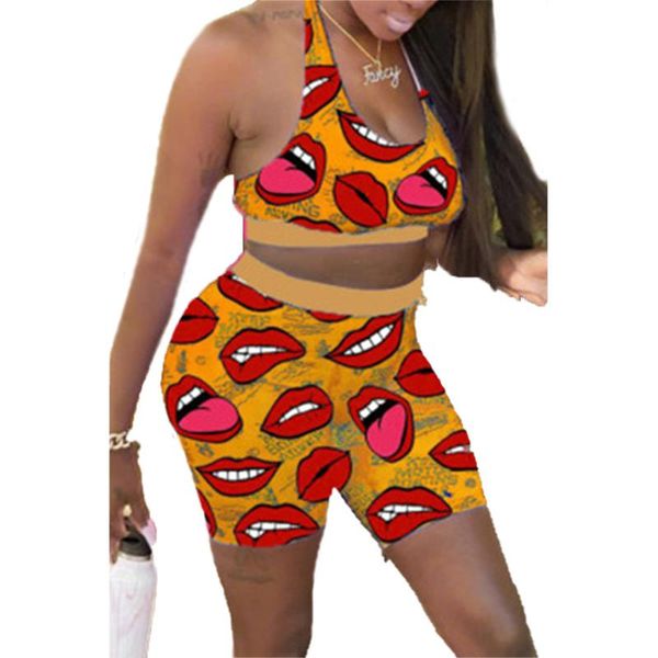 

йоги для губ версия для печати два piece set летняя одежда для женщин o шеи без рукавов рубашки и байкер шорт 2 шт matching костюмы, White;red