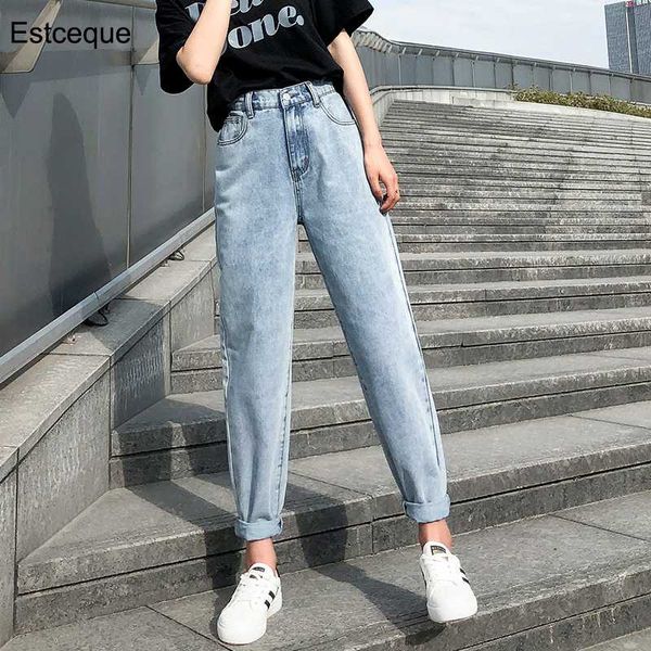 

women's jeans 2021 woman high waist plus size streetwear elastic denim pants loose vintage washed boyfriend straight, Blue