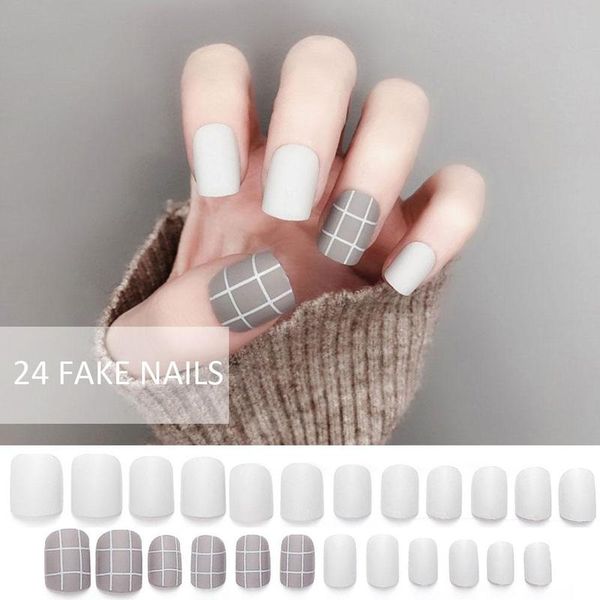 

24pcs/set diy gray white short fake nails ins style matte wearable full cover press on nail for girls nail art tool, Red;gold