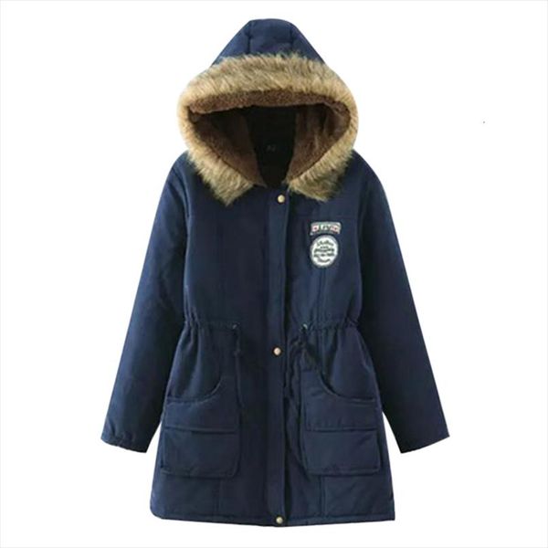 

теплая зима женщины меховой воротник ветровки тонкий zipper ветровки шерсти hat пояс hoodie толстый хлопок проложенный outwear long женский, Black