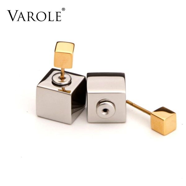 

varole double sided square cubes earring gold color stud earrings stainless steel for women jewelry present brincos, Golden;silver