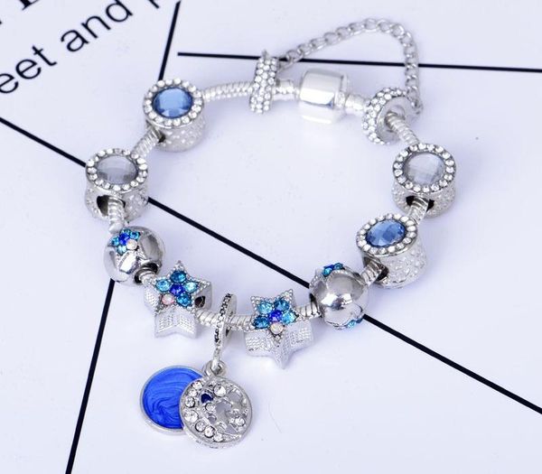 

selling national style blue starry alloy beaded bracelet european and american popular star charm77, Black