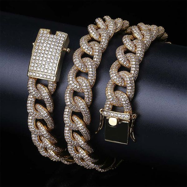 

15mm wide hip hop + cz zircon paved bling iced out round cuban curb miami link chain necklaces for men rapper jewelry gold, Silver