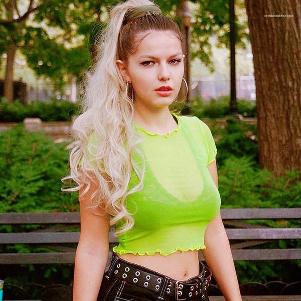 

tshirts fashion short ruffle sleeve tees sheer crop casual natural color women designer mesh, White