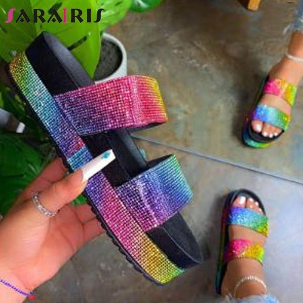 

sarairis med heels slides new ins cool rainbow slippers women fashion colored rhinestone shoes woman, Black
